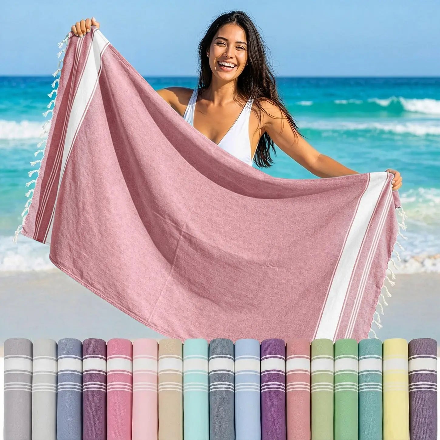 LANE LINEN Lightweight Soft Modern Flat-Weave XL Beach Towel (39"X71") - 2026 Summer, Breathable, Quick Dry, Sand-Free, Pre-Washed, 70% Cotton, 40+ Designs, Multi-Pack Option, for Pool & Travel, Lightweight Soft Towel