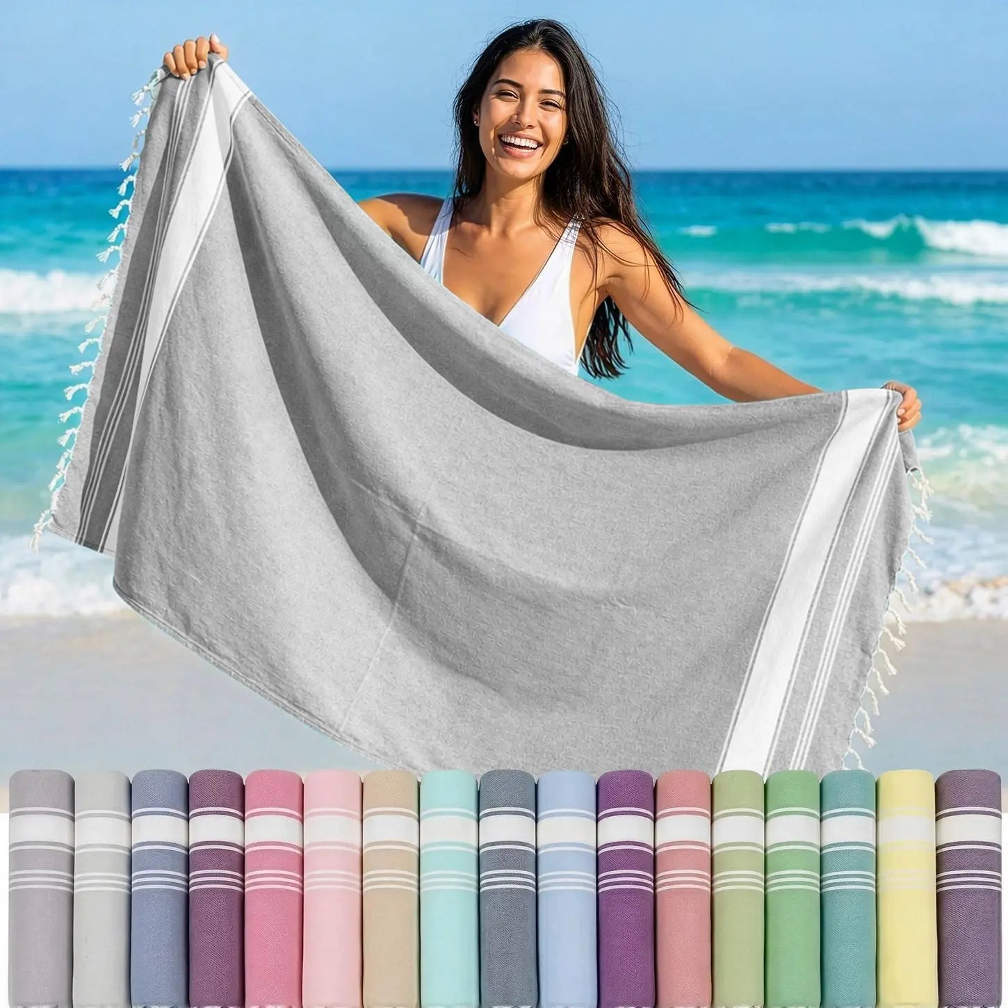 LANE LINEN Lightweight Soft Modern Flat-Weave XL Beach Towel (39"X71") - 2026 Summer, Breathable, Quick Dry, Sand-Free, Pre-Washed, 70% Cotton, 40+ Designs, Multi-Pack Option, for Pool & Travel, Lightweight Soft Towel
