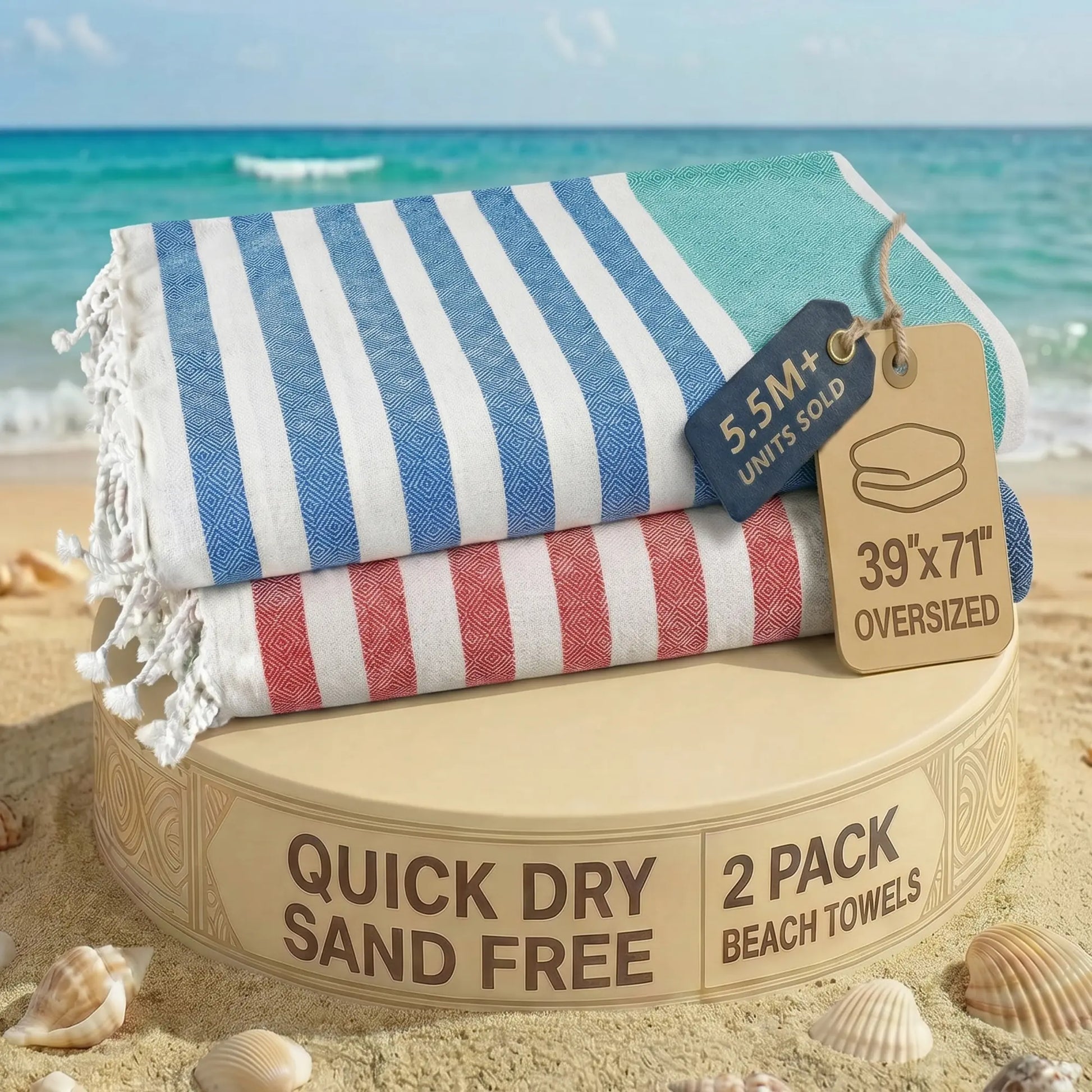 LANE LINEN Lightweight Soft Modern Flat-Weave XL Beach Towel (39"X71") - 2026 Summer, Breathable, Quick Dry, Sand-Free, Pre-Washed, 70% Cotton, 40+ Designs, Multi-Pack Option, for Pool & Travel, Lightweight Soft Towel