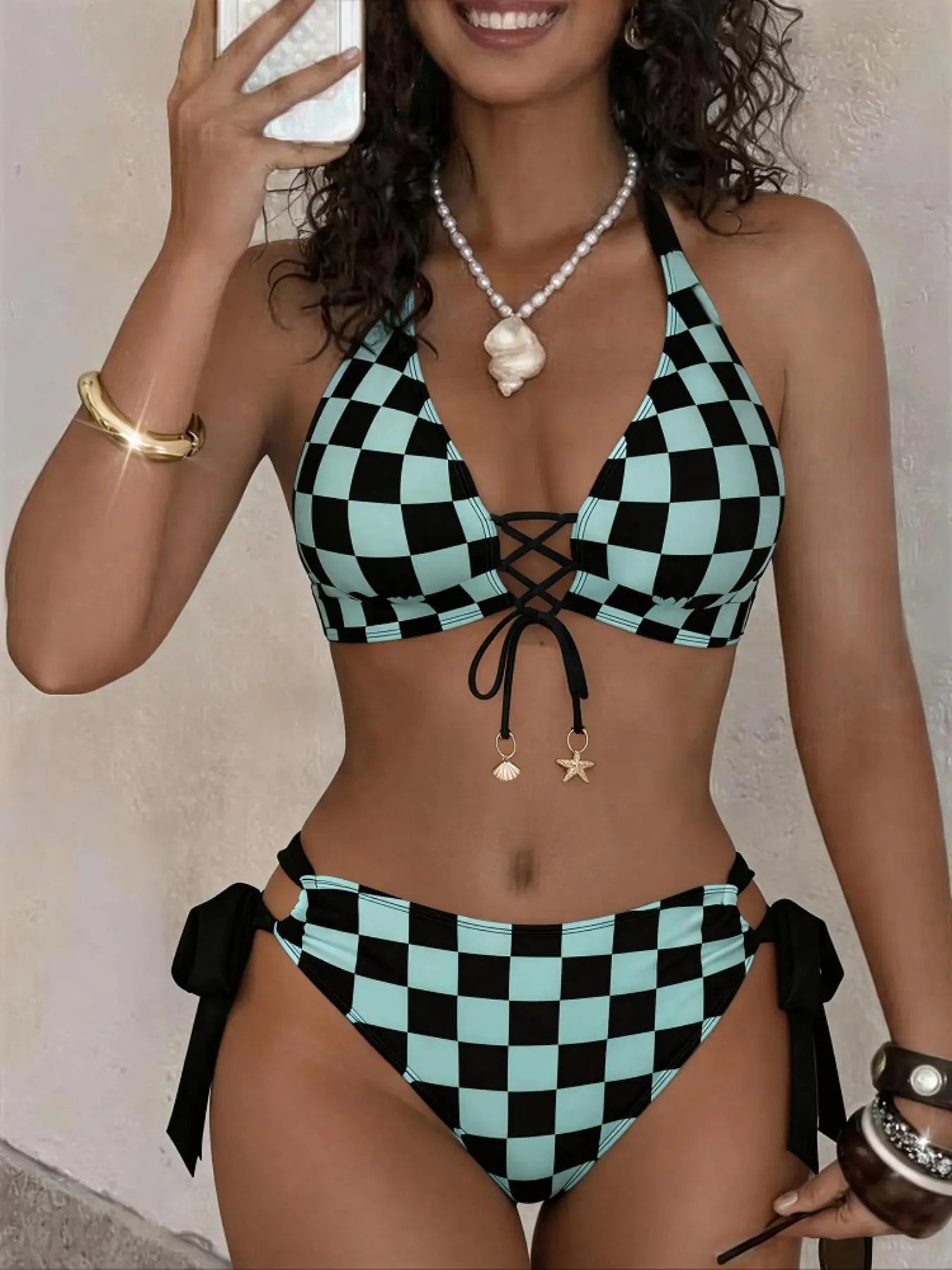 New Plaid Print High-End Women'S Bikini Set, Fashionable Sexy Tie Adjustable Front Drawstring Design, Beach Swimwear